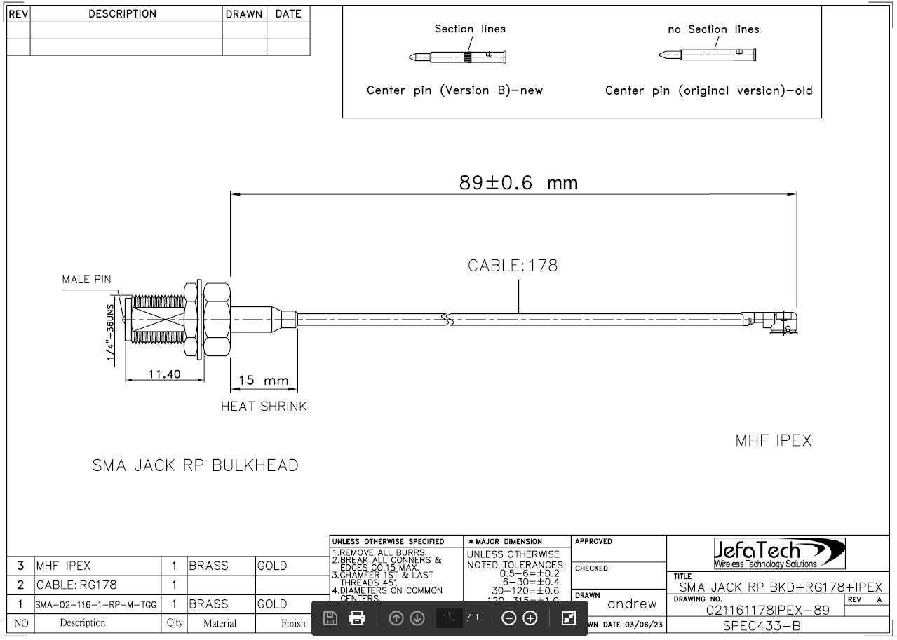 SPEC433-B - U.FL to RP-SMA Female Bulkhead with captive pin - RG-178 - 3.5 inches